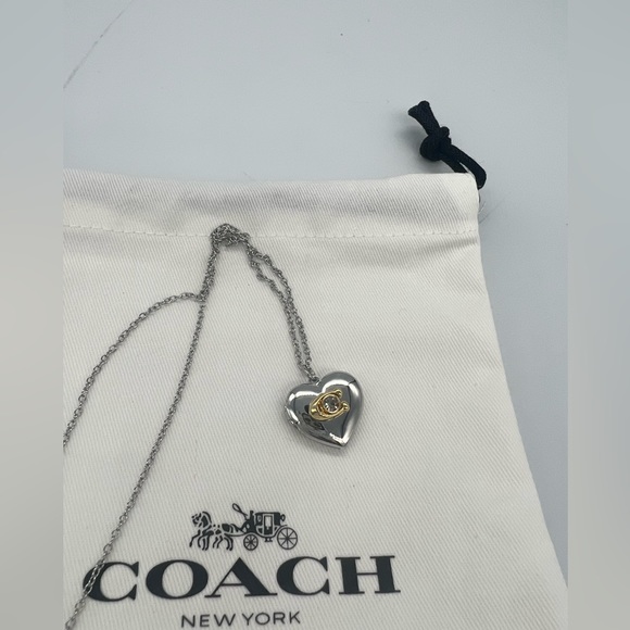 Coach Signature Heart Locket Silver Necklace New - Picture 2 of 7